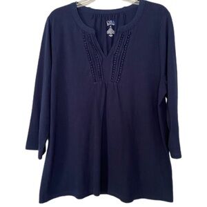 Croft & Barrow Navy Pleated Top Split Neck 3/4 Sleeves Relaxed Size XL